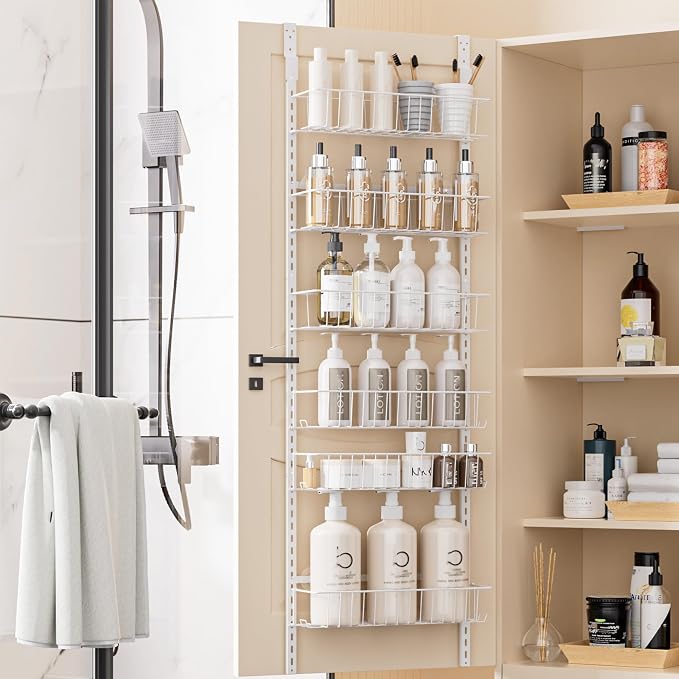 Delamu Adjustable Cabinet Door Organizer, 6-Tier Hanging Spice Rack Organizer, Metal Over the Door Pantry Organizer, Pantry Organizers and Storage Shelves for Kitchen Bathroom Laundry Room, White M - Image 9