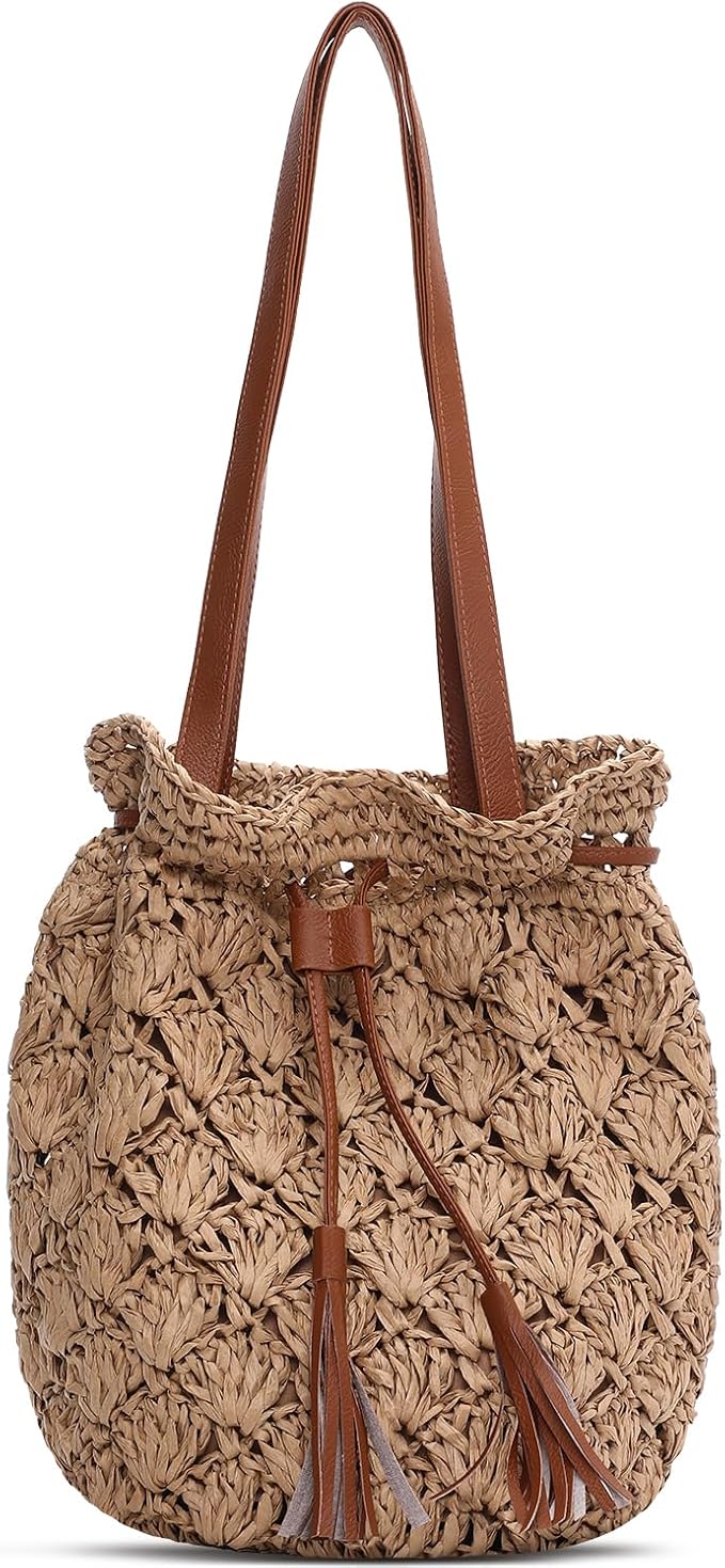 Tavaleu Straw Beach Bags for Women Tote Handbag Shoulder Hobo Bucket Bag | Lightweight, Foldable, PU Straps, Magnetic Closure, Zip Pocket, Reinforced Bottom, Summer Purse, Travel, Vacation, Daily Use by Tavaleu