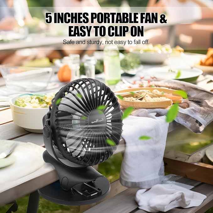 Portable Clip Fan Battery Operated,3 Speeds USB Rechargeable Mini Table Fan with Strong Airflow,360°Rotation Ultra Quiet Personal Desk Fan for Home Office Bedroom Dorm Stroller Camping(Black) - Image 6