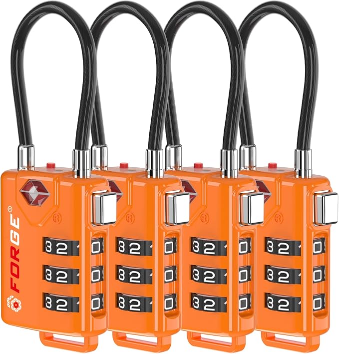 TSA Approved Cable Luggage Locks, Re-settable Combination with Alloy Body, Orange 4 Locks. by Forge