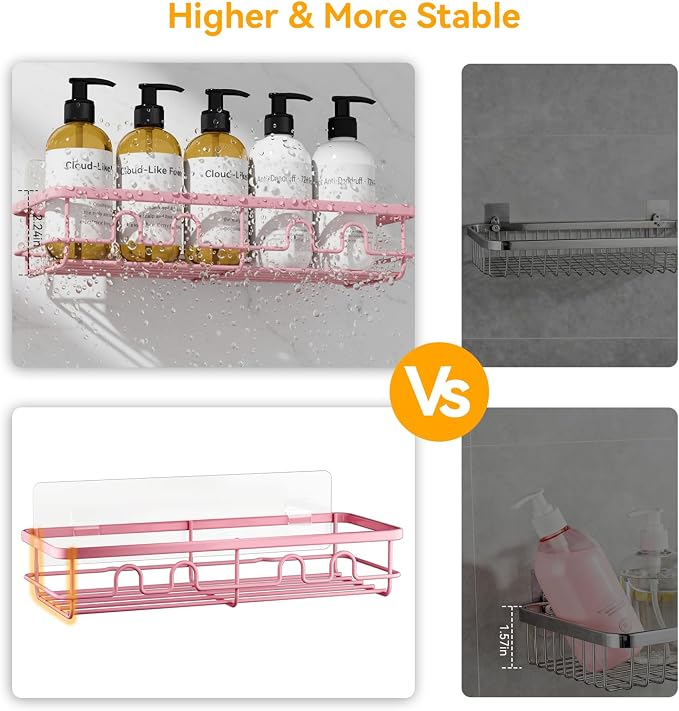 Adhesive Shower Caddy, Large Capacity Shower Racks for Inside Shower, No Drill Bathroom Shower Organizer and Storage, 2 Pack Pink Bathroom Shelves, Home Decor Rv Accessories, Apartment - Image 4