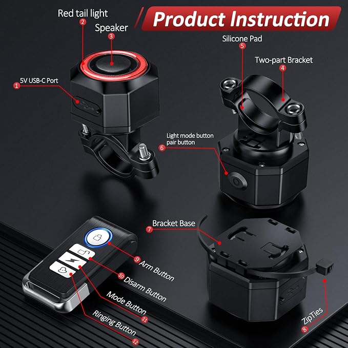 Bike Alarm with Remote, Bike Tail Light & Brake Light Auto ON/Off USB-C Rechargeable, 110dB Bicycle Alarm System Anti Theft Vibration Motion Sensor for Bike, Ebike, Scooter, IP65 Waterproof - Image 8
