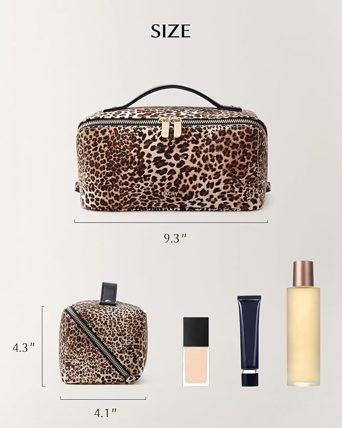 EACHY Travel Makeup Bag for Women, Flat Open Leopard Print Cosmetic Bag | Leopard-print PU leather cosmetic bag opens flat with dividers and clear TPU brush pocket for makeup and travel essentials - Image 2