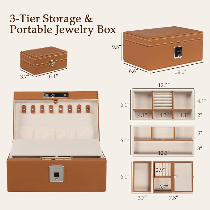 Jewelry Safe, Biometric Fingerprint Safe, Leather Wrapped Jewelry Box with Lock & Mirror, Ultra-Lightweight Jewelry Box Suitable for Home Use & On-the-Go(Three-Tier Brown) - Image 6