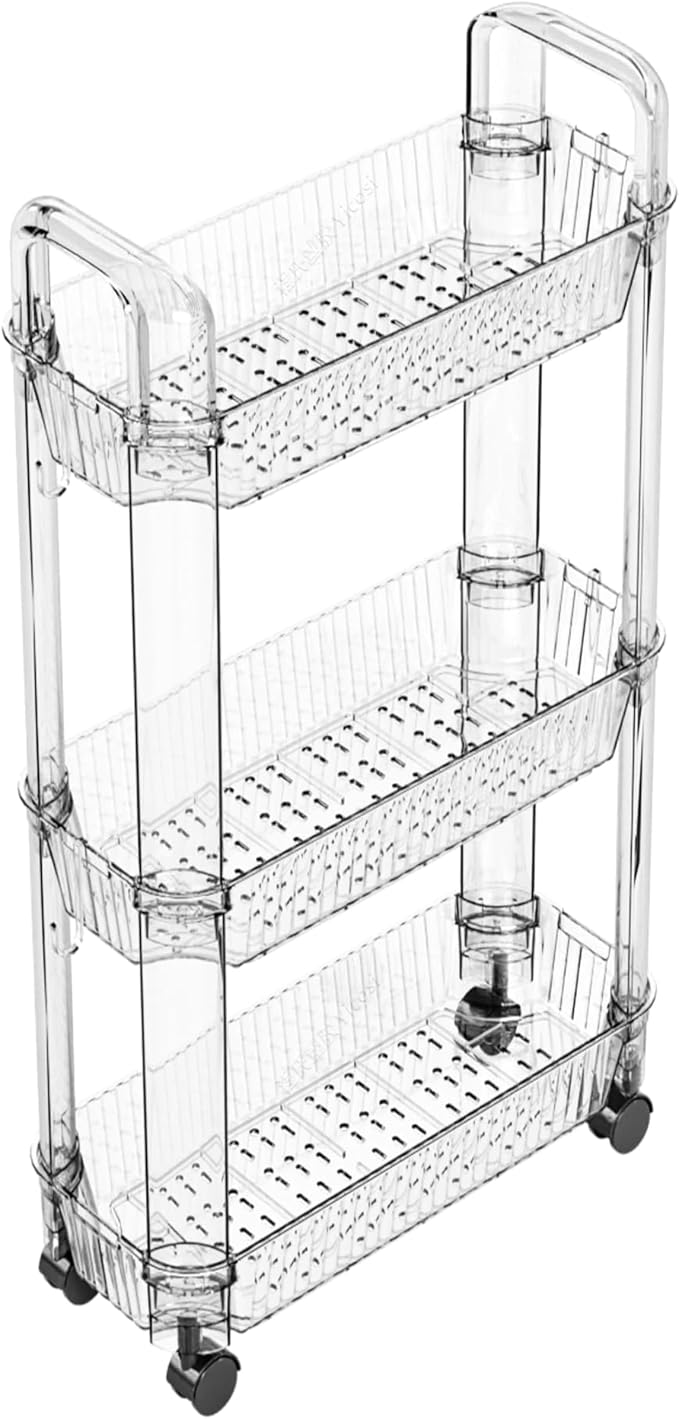3 Tier Rolling Cart with Wheels,Clear Narrow Bathroom Rack Organizer,Slim Storage Cart,Three Tier Thin Shelf and Narrow Rolling Utility Cart for Small Space Shelf,Dorm Room,Kitchen,Laundry by Yieach