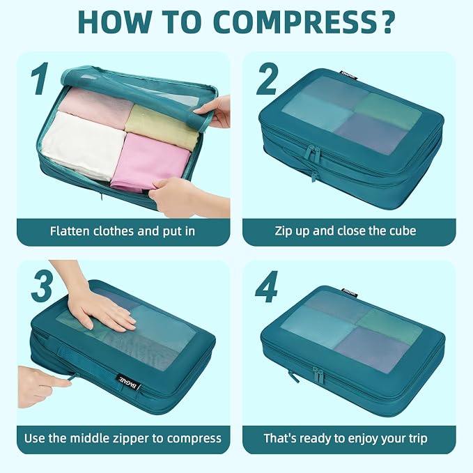 BAGAIL 4 Set/6 Set/8 Set Compression Packing Cubes Travel Accessories Expandable Packing Organizers (Square Mesh, 06-Teal) - Image 4