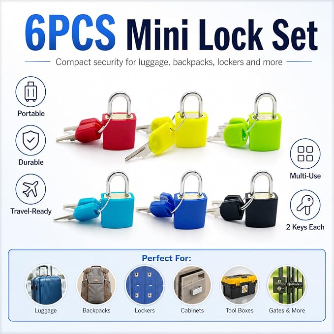 6PCS,Suitcase Locks,Small Padlock,Locker Lock with Key,Mini Locks with Keys,Perfect for Securing Backpacks, Boxes, School, and More - Image 7