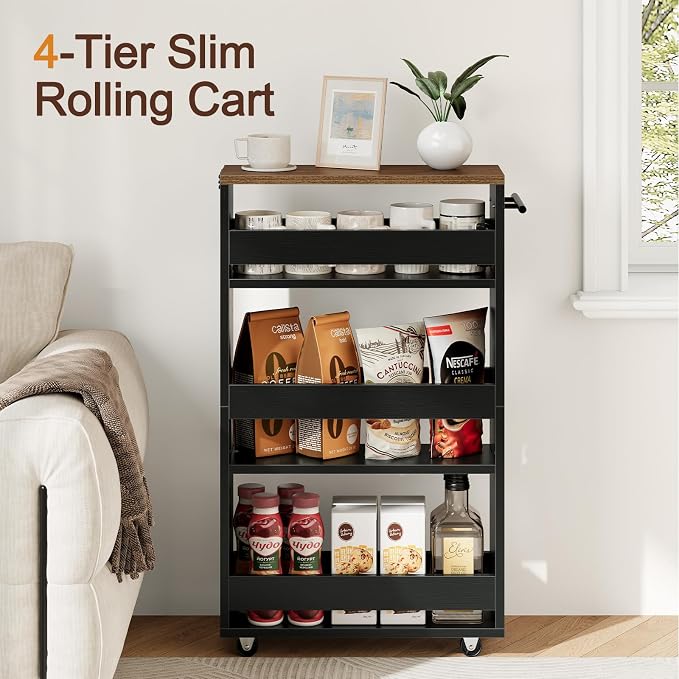 Yoobure 4-Tier Slim Storage Cart - Narrow Rolling Cart on Wheels, Slide Out Utility Carts with Adjustable Shelves, Organizer Trolley with Handle & Flip Top for Kitchen, Bathroom, Laundry - Image 5
