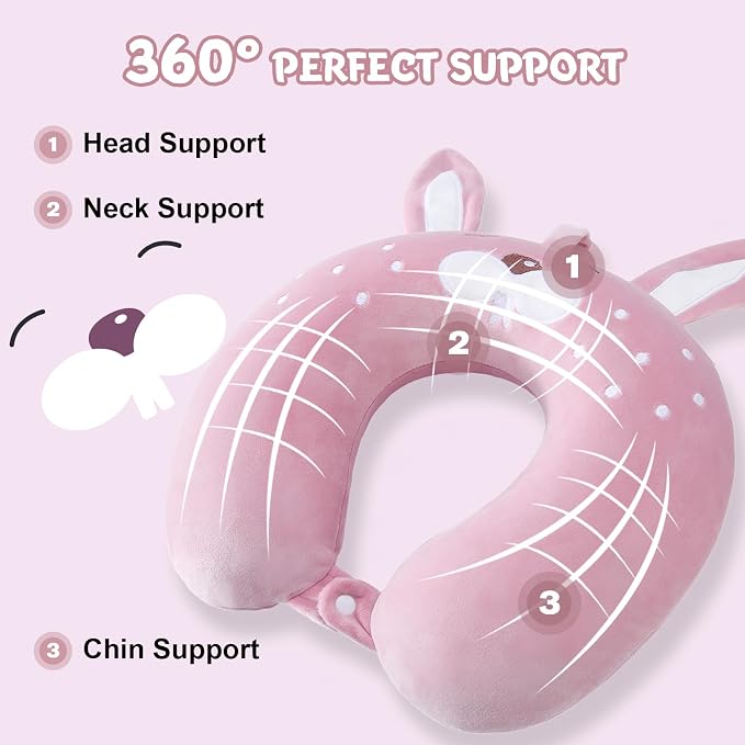 Cirorld Travel Pillow for Kids Adult Cute Neck Pillow for Traveling Memory Foam Airplane Pillow Sleep Mask Animal Flight Pillow Head Rest Neck Support for Cars Long Flights (Rabbit, 9-12 Y/O) - Image 2