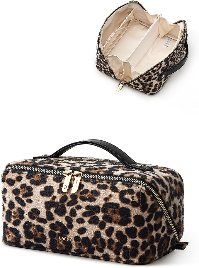 EACHY Travel Makeup Bag for Women, Flat Open Leopard Print Cosmetic Bag | Leopard-print PU leather cosmetic bag opens flat with dividers and clear TPU brush pocket for makeup and travel essentials - Image 5