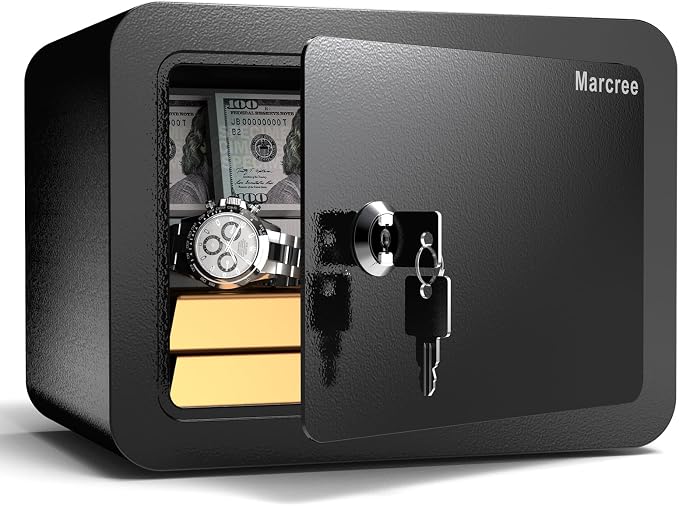 Marcree 0.23 Cub Safe, Small Safe Box with Key, Mini Safe for Kids | Mini Home Safes for Money, Coin and Cash, Security Safes for Kids, Personal Lock Box, Black, 6.69 x 9.06 x 6.69 Inches by MarcreeSafe