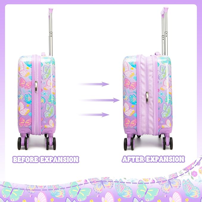 Kid's Luggage Set 5 Piece Suitcase Set 16" Hardside Luggage with Spinner Wheels Girls Carry on Toddler Travel Rolling Suitcase with Neck Pillow Airline Approved - Image 6