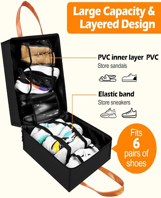 Yotako Shoe Bag for Travel with Leathers Handle Black | Shoe Organizer with Pockets,3 in 1 Hanging Luggage Shoe Storage Bag,Travel Shoe Bag for Women Men Fit 6 PCS Shoes - Image 3