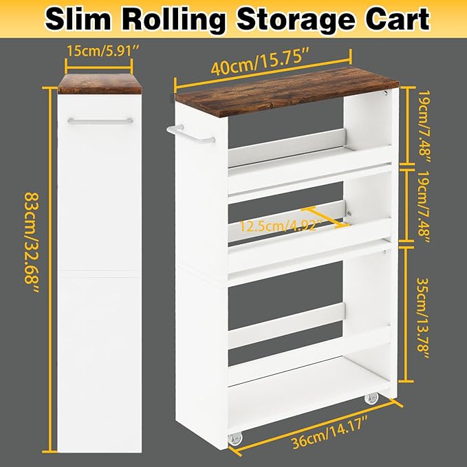 IBUYKE Slim Storage Cart Skinny Rolling Cart Utility Trolley UWST005W | 4-Tier,5.9" Narrow, with Handle & Lockable Wheels, for Kitchen Laundry Room Bathroom, Small Spaces,Space-Saving - Image 5