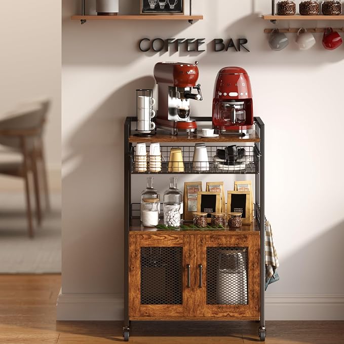 Hencawima Coffee Bar Cabinet, 3 Tier Coffee Station Table on Wheels, 35.9" H Bar Cart with Wire Basket Drawer & 5 Hooks for Home Kitchen, Liquor Buffet Sideboard Cabinet (Rustic Brown) - Image 8