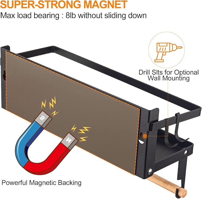 Spice Rack Magnetic Shelf, Foldable Refrigerator Magnetic Spice Holder, Wall Mounted Seasoning Organizer Hanging Spice Storage Stand with Paper Towel Holder Roll & Hooks - Image 3