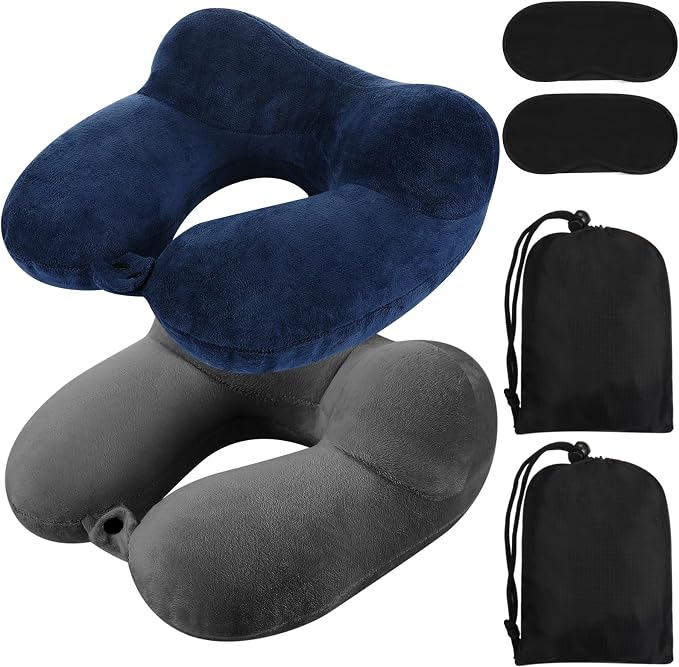 Sintuff 2 Pack Inflatable Travel Pillow for Airplanes Inflatable Neck Flight Pillows with Compact Bag and Blindfold for Traveling, Airplane, Train, Car, Office(Blue and Dark Gray) by Sintuff