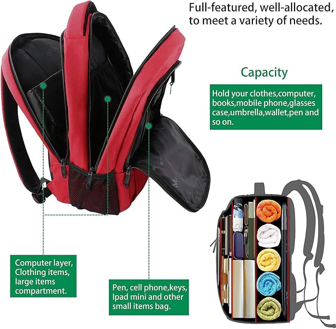 MATEIN Red 15.6 inch Laptop Backpack for Women, Water Resistant College bag | Personal Item Travel Backpack, Anti Theft Sturdy Underseat Bag, Airline Approved, Student Supplies Accessories School Bookbag - Image 5