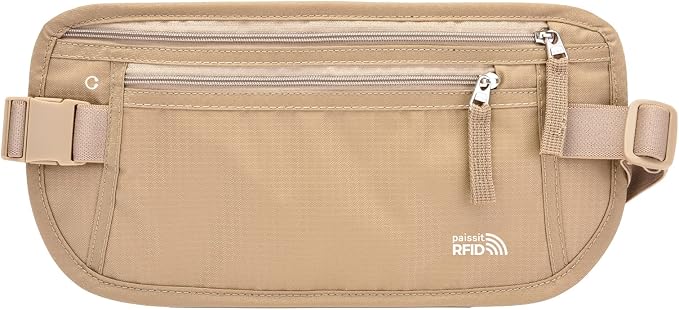 Unisex Money Belt For Men and Women, Slim Passport Holder RFID Blocking Travel Essentials Pouch with Adjustable Strap Small Waist Pouch for Workout Running Travelling Hiking, Beige by paissit
