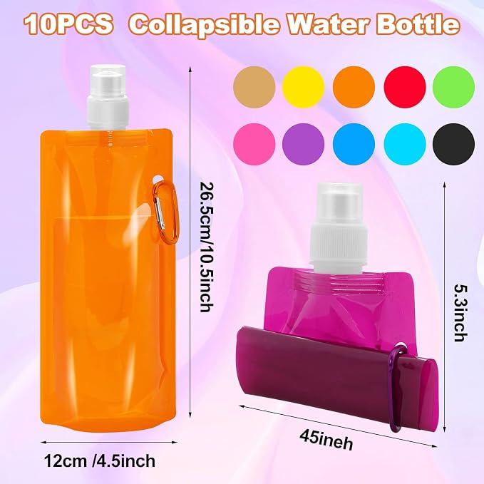 10 Pcs Foldable Water Bottle, 480ml, Collapsible, Leak Proof | Reusable Drinking Bags, BPA Free, with Carabiner for Travel, Gym, Camping, Hiking - Image 2