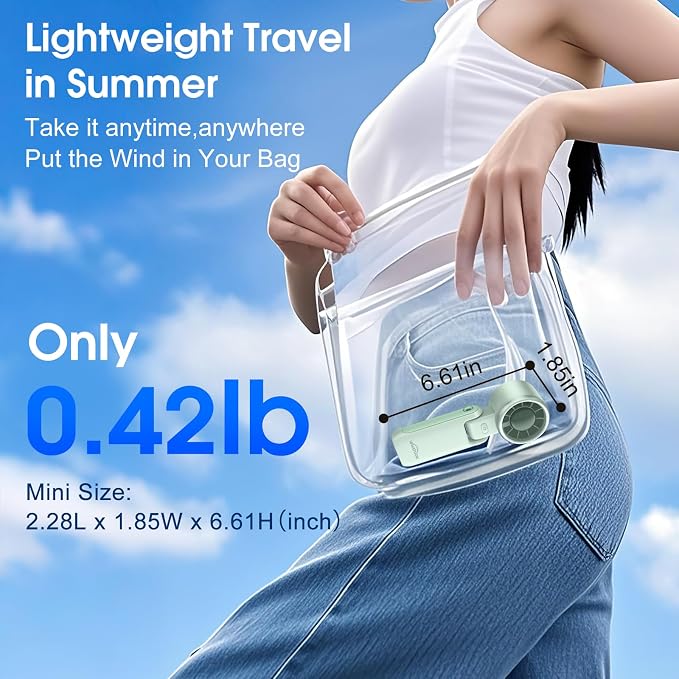 WHATOOK Portable Handheld Turbo Fan: 12m/s Strong Wind 15000RPM Mini Fan, 4000mAh Battery Rechargeable Personal Fan with LED Display, 3 in 1 Foldable Small Fan for Camping Beach Travel, Mint Green - Image 6