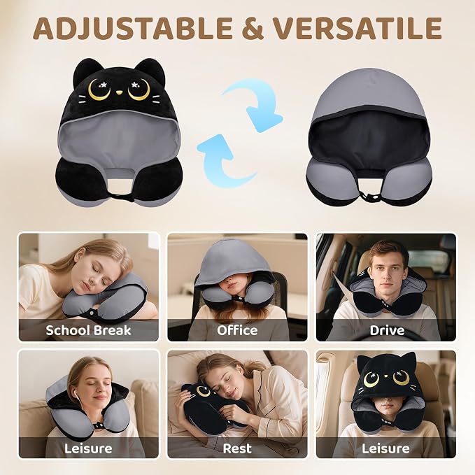 Mewaii Travel Neck Pillow, Airplane Pillow with Hood, Memory Foam, Gray | Neck Support, Reversible, Adjustable Strap, Washable Cover, Cat-Ear Hood, Storage Bag, for Flights, Adults & Teens - Image 9