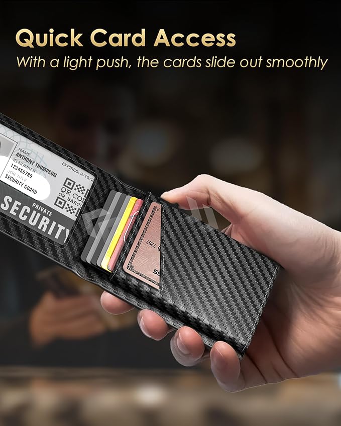 2026 Upgraded Minimalist Wallet for Men - RFID Blocking Credit Card Holder Case Leather Pop Up Aluminum Wallet with Cash Slot, Front Pocket ID Window Gift Boxed (Carbon Fiber - with Airtag Holder) - Image 3