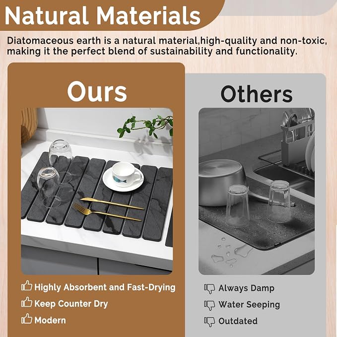 2 PCS Stone Dish Drying Mat for Kitchen Counter,Quick Dry Stone Dishes Mats,Marbled Water Absorbing Diatomaceous Earth Drying Pad for Countertop Bottles Utensils Cups（Dark Gray 20"×14" & 8"x4"） - Image 7