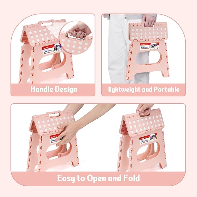 11" Folding Step Stool for Kids, Non-Slip Foldable Stool, Light Pink | Heavy Duty Collapsible Foot Stool, Lightweight with Built-in Handle, Holds 300 lb for Adults Kitchen Bathroom Bedroom Outdoor - Image 5