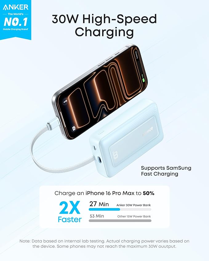 Anker Power Bank,10,000mAh 30W with USB-C Travel Essential Portable Charger | 30W Portable Charger with USB-C Input and Output for iPhone 17 / 16, Galaxy, and More (Blue) - Image 2