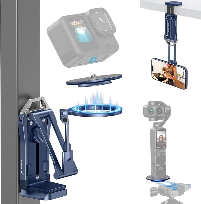OMOTON TP02-Ultra Magnetic Action Camera Mount for DJI/GoPro iPhone，Blue | Arca-type Adapter with 1/4" Screw, 4 in 1 Phone Tripod for Travel Vlog, Adjustable & Swivel, for iPhone 12-17 Series by OMOTON