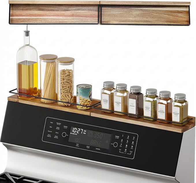 2-Piece 30" Magnetic Acacia Wood Stove Top Shelf for Gas/Electric | Strong magnetic hold, heat-resistant acacia, no-drill setup, fits gas/electric, easy-clean, holds heavy jars securely by LFILONRO