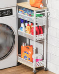 XYZLVSI Slim Rolling Storage Cart, 4 Tier Narrow Shelf for Small Spaces | Skinny rolling cart 14.4" bottom shelf, wire basket, hooks, ideal for kitchen/bathroom/dorm, between washer and dryer storage by XYZLVSI