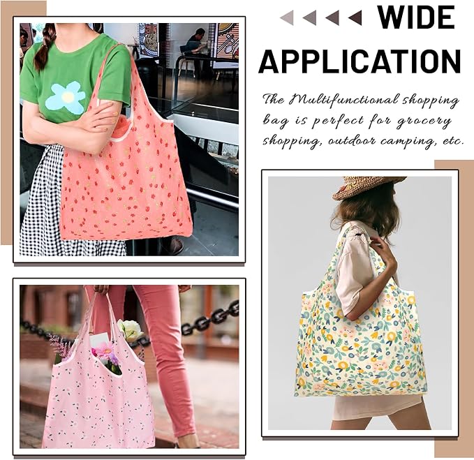 4 Pcs Reusable Grocery Bags, Foldable Shopping Bags Heavy Duty, Large Nano Bag Cute Tote Bag for Daily Shopping, Waterproof and Machine Washable (Flowers) - Image 7
