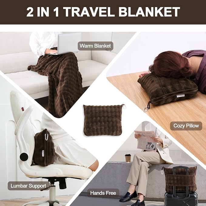 Soft Cozy Travel Blanket for Airplane Train and Car, Brown | Lightweight, Blanket or Pillow 2 in 1, Compact with Portable Bag Pillowcase, with Luggage Sleeve and Backpack Clip - Image 2