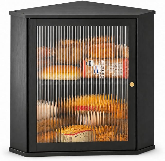 Kitsure Wooden Corner Bread Box for Kitchen Countertop, Large, Black | 2-Tier Bread Container with Magnetic Acrylic Door, Kitchen Counter Organizer for Snacks, Loaves,, Homemade Bread Storage by Kitsure