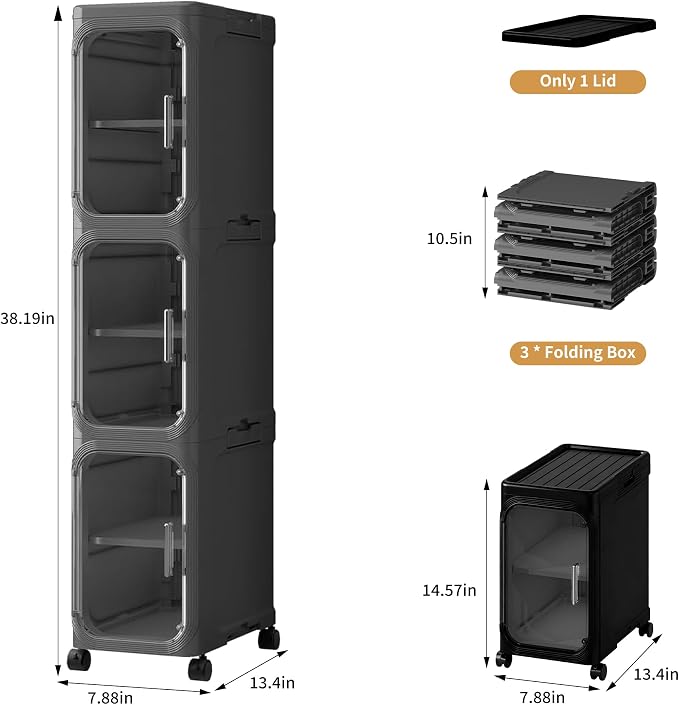 3-Tier Narrow Slim Bathroom Storage Cabinet with Wheels, Black | Tool Free Assembly, Adjustable Shelves, Fits for Narrow Spaces, Reinforced Stability, Magnetic Clear Door - Image 2