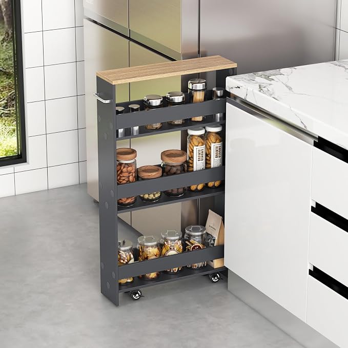 COSTWAY Slim Rolling Storage Cart, 4-Tier Rolling Utility Cart, Wood Kitchen Storage Cart with Handle & Wheels, Narrow Rolling Shelving Unit for Kitchen Bathroom Laundry Small Places (Grey) - Image 2