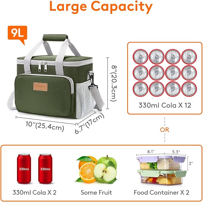 Lifewit Medium Lunch Bag, Insulated Lunch Box, Soft Cooler Cooling Tote for Adult Men Women, Gray and Green 12-Can (9L) - Image 4