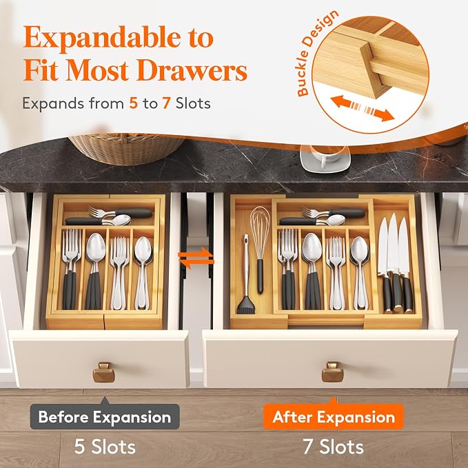 Lifewit Silverware Drawer Organizer, Wooden Utensil Tray for Kitchen | Expandable Flatware and Cutlery Holder, Adjustable Storage for Spoons Forks Knives, 9.4-15.7x13", Natural - Image 6