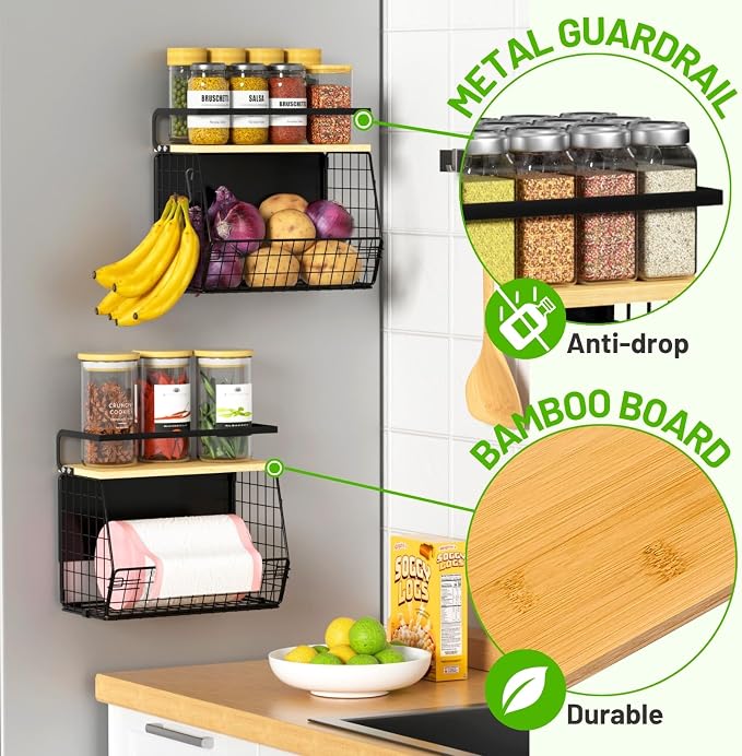 Magnetic Shelf for Fridge with Wood Lid, Fruit Potato and Onion Storage Bins, Pantry Organizers & Storage, Large Container Magnetic Spice Rack for Refrigerator, Kitchen Counter (Black, 2) - Image 3