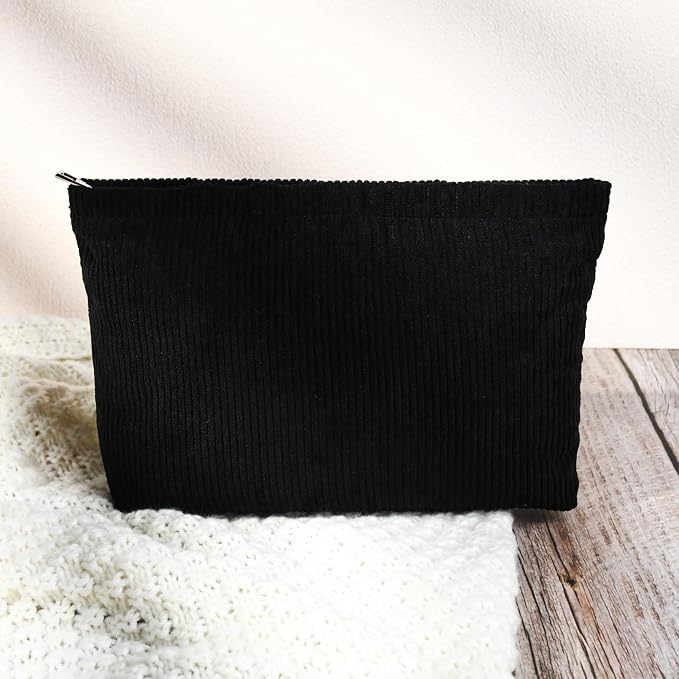 SOIDRAM 2 Pcs Corduroy Makeup Bag Large Cosmetic Bag Toiletry Bag Makeup Pouch Travel Bag Organizer Cute Makeup Brushes Aesthetic Accessories Storage Bag for Women Black - Image 6