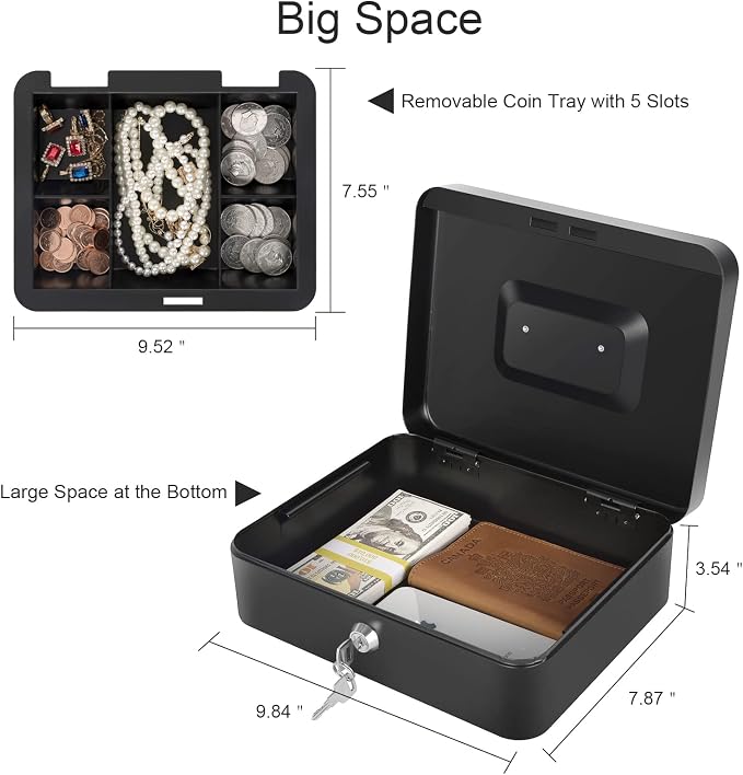 Cash Box with Lock and Money Tray Metal Money Box Large Cash Lock Box for Money 9.84" x 7.87" x 3.54" Black Larger - Image 4