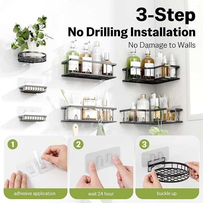 Shower Shelf Corner, 7-Pack Adhesive Shower Caddy, Metal Shower Caddy with Soap Holder, Black Shower Shelves No Drilling Bathroom Caddy for Shower, Home Decor Rv Accessories, Apartment - Image 7