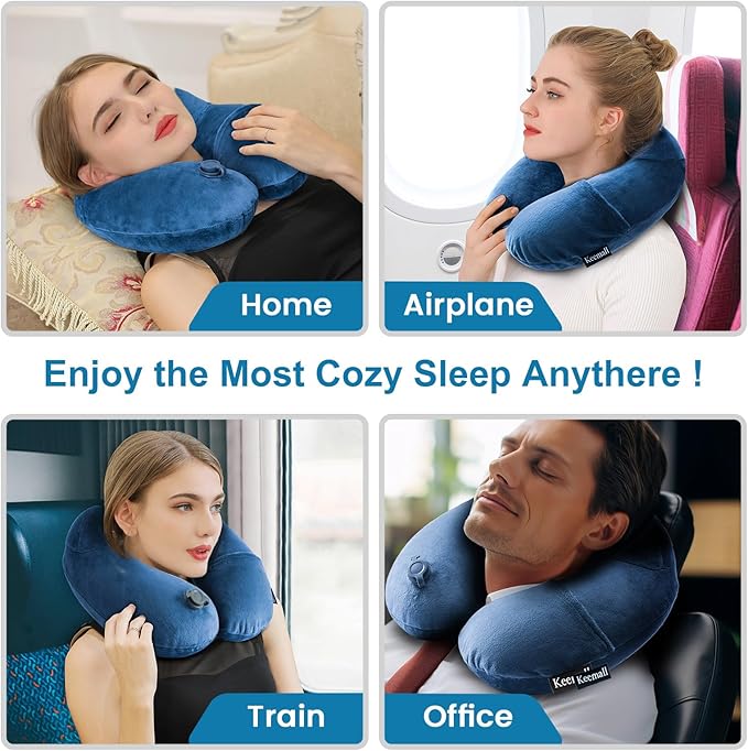 Keemall Inflatable Travel Neck Pillow for Airplane to Relieve Neck Pain | Comfortable U-Shaped Head &Neck Rest with Soft Plush Cover, Great for Long Flights, Car, Train, Office & Home Naps - Image 5