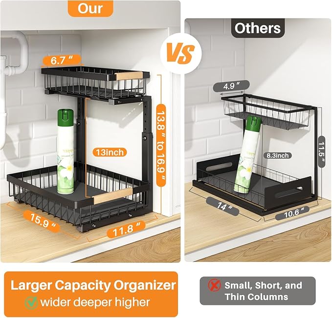 PXRACK Under Sink Organizer, Adjustable Height, 2 Tier Pull Out Under Cabinet Organizer, Slide Out Thickened Metal Under Sink Storage for Kitchen Bathroom Laundry Pantry Cabinet, Black, Large-2-Pack - Image 2