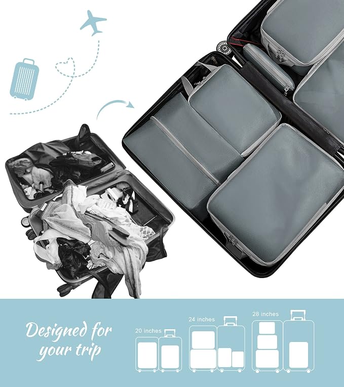 WOOMADA Compression Packing Cubes for Suitcases Travel Essentials 8 Set Expandable Travel Bags Organizer for Luggage(concrete grey) - Image 4