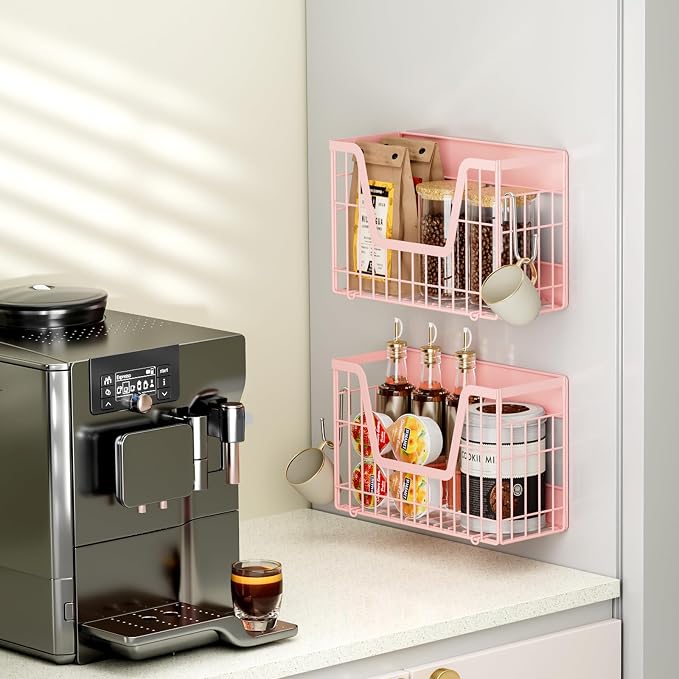 Pink Magnetic Shelf for Fridge, 2 Set Magnetic Fruit Baskets for Refrigerator Magnet Shelves, Potato and Onion Storage Bins, Magnet Holder Wire Basket for Laundry Room Pantry Kitchen Organizer - Image 3