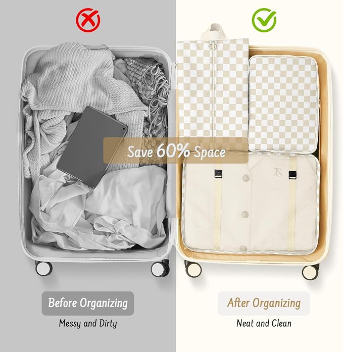 9 Set Packing Cubes for Travel Essentials - Lightweight Carry-On Luggage Organizer Bags with Shoe, Clothes & Laundry Bags for Airplane, Family & Business Travel, Beige checkered - Image 8