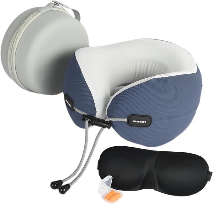 Travel Neck Pillow, Memory Foam Airplane Pillow for Long Flights | Pure memory foam, adjustable fit, washable velvet cover, eye mask, earplugs and carry case for flights, cars and office naps by Unknown